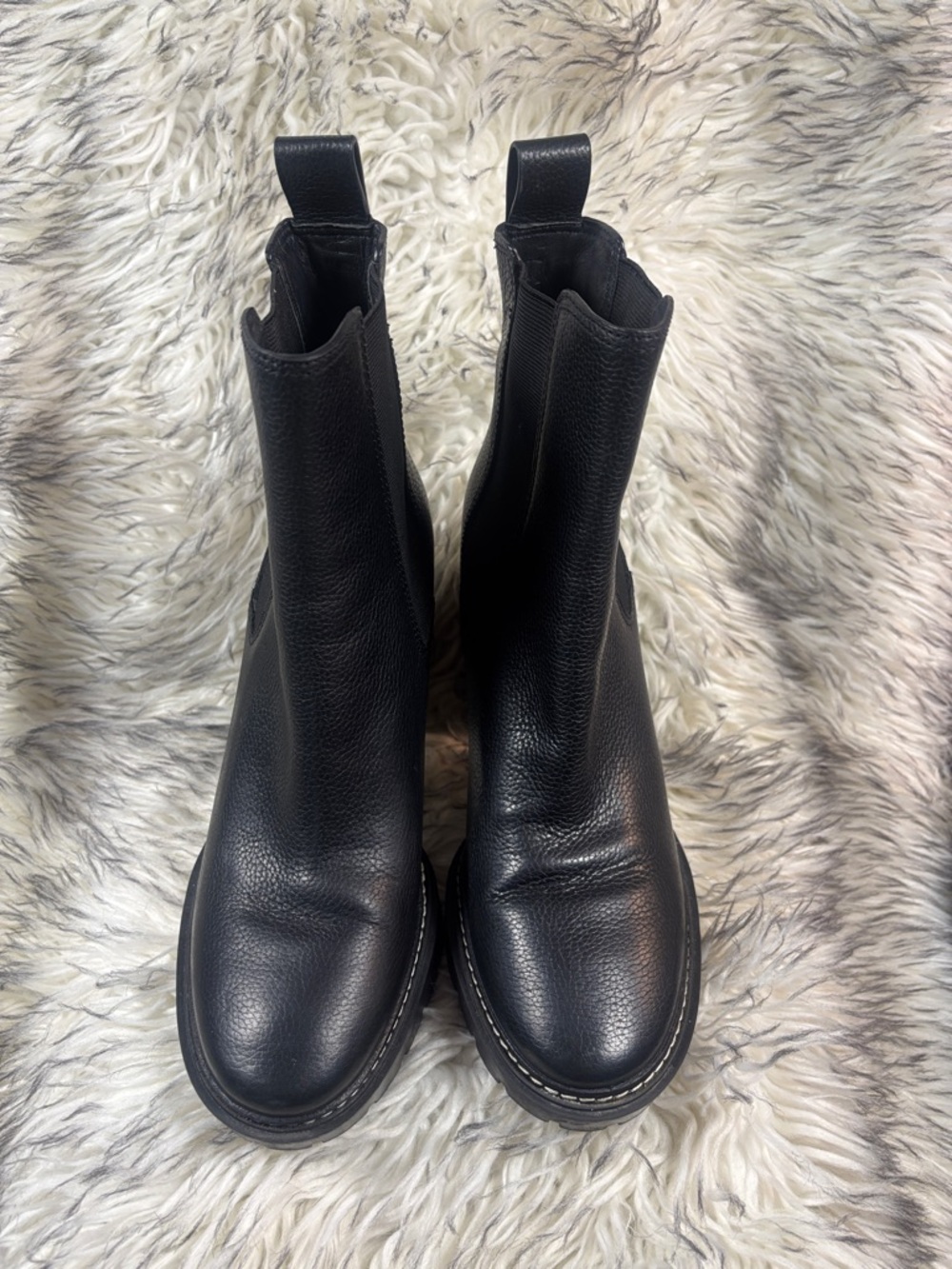 Black Leather Chelsea Booties - Chunky Lug Sole Size 8